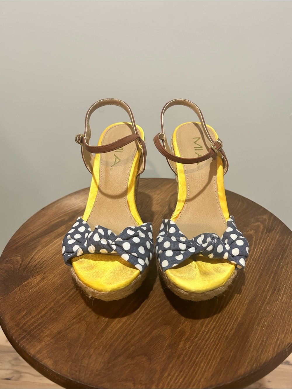 MIA Yellow Wedge Sandals with Navy Polka Dot Bow and Brown Straps